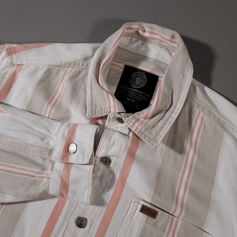 Buffalo David‎ Bitton Button Down Shirt Mens M Beige Pink Striped Cotton Long